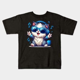 Cute cat wearing blue headphone and sunglass enjoying music Kids T-Shirt